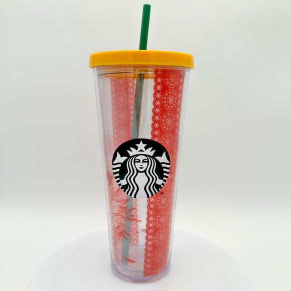Starbucks 2018 Red Lace Cactus Venti Cold Cup‎ Acrylic Yellow Clear Beach Summer - Picture 1 of 8